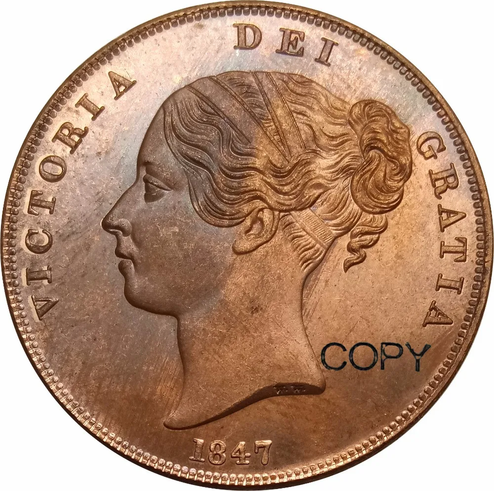 

Красная медная монета Великобритании, 1 пенни, 1847