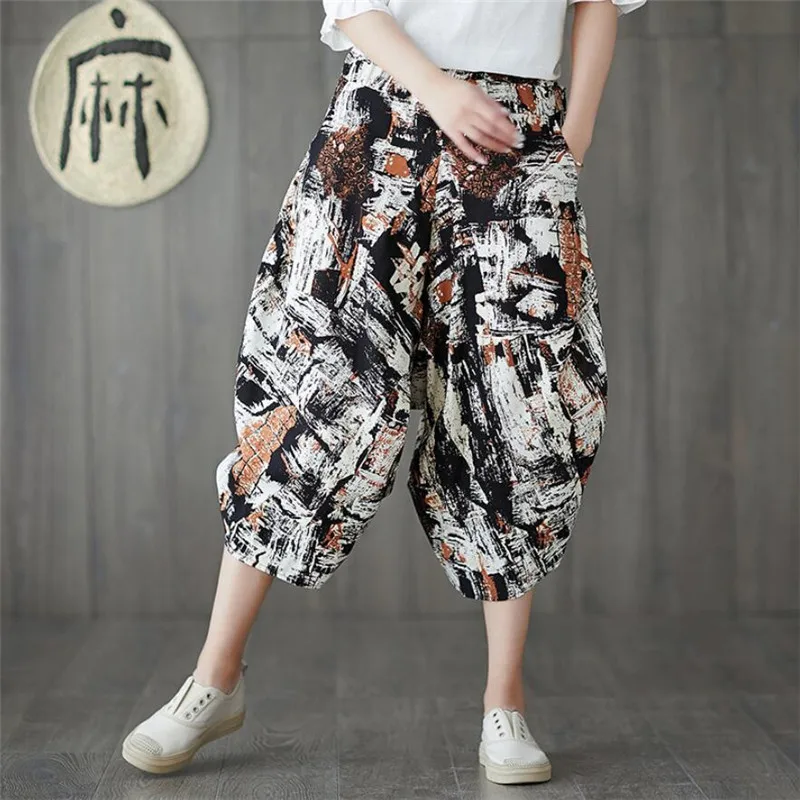 Women Summer WideLeg Pants Vintage Luxury Print Cotton Linen Capri Pants Elastic Waist Casual Harem Pants Women Summer WideLeg Pants Vintage Luxury Print Cotton Linen Capri Pants Elastic Waist Casual Harem Pants