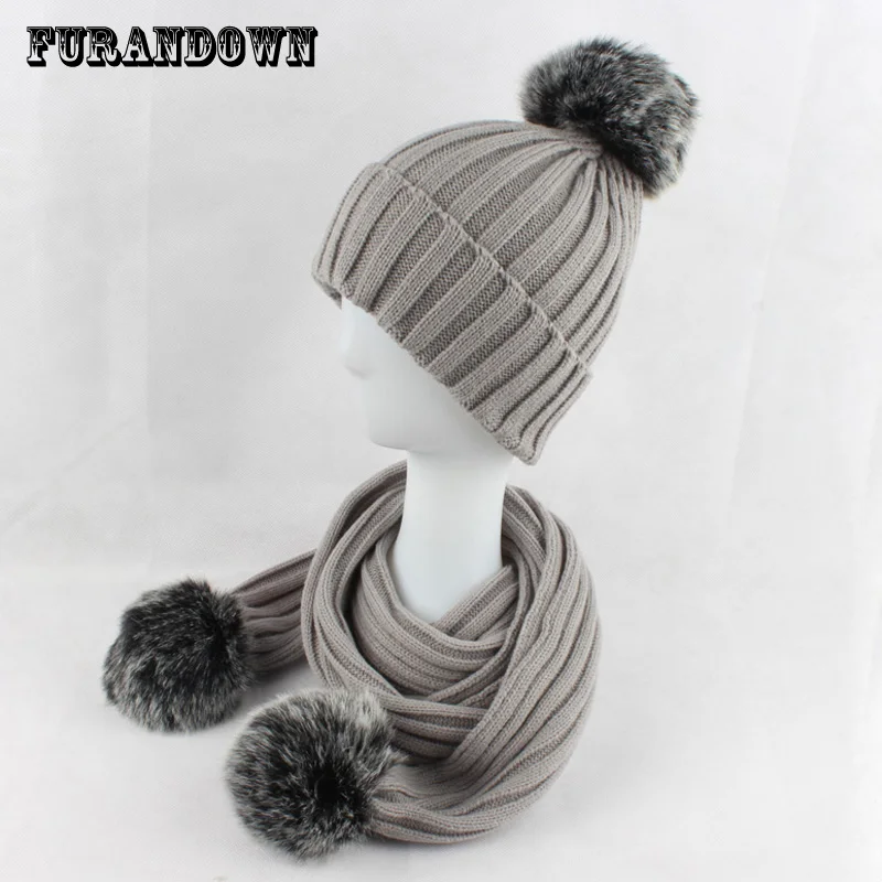 2017 зимние теплые женские шапка из искусственного меха шарф набор из двух меховой помпон шарф комплект вязаная шапка Шапки