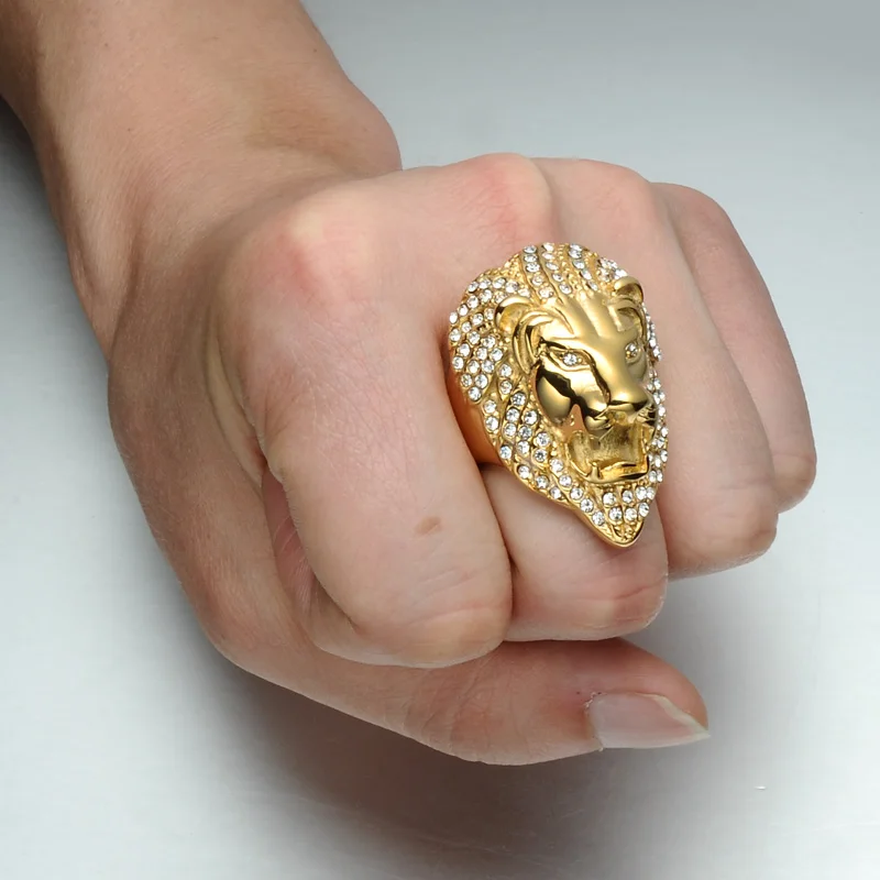 

HIP Hop Lion Head Micro Pave Rhinestone Iced Out Bling Mens Ring IP Gold Filled Titanium Stainless Steel Rings for Men Jewelry