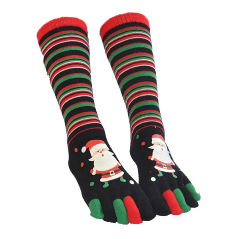 Рождественские носки средней длины с принтом героев мультфильмов, полосатые вязаные носки с пятью пальцами, Осень-зима