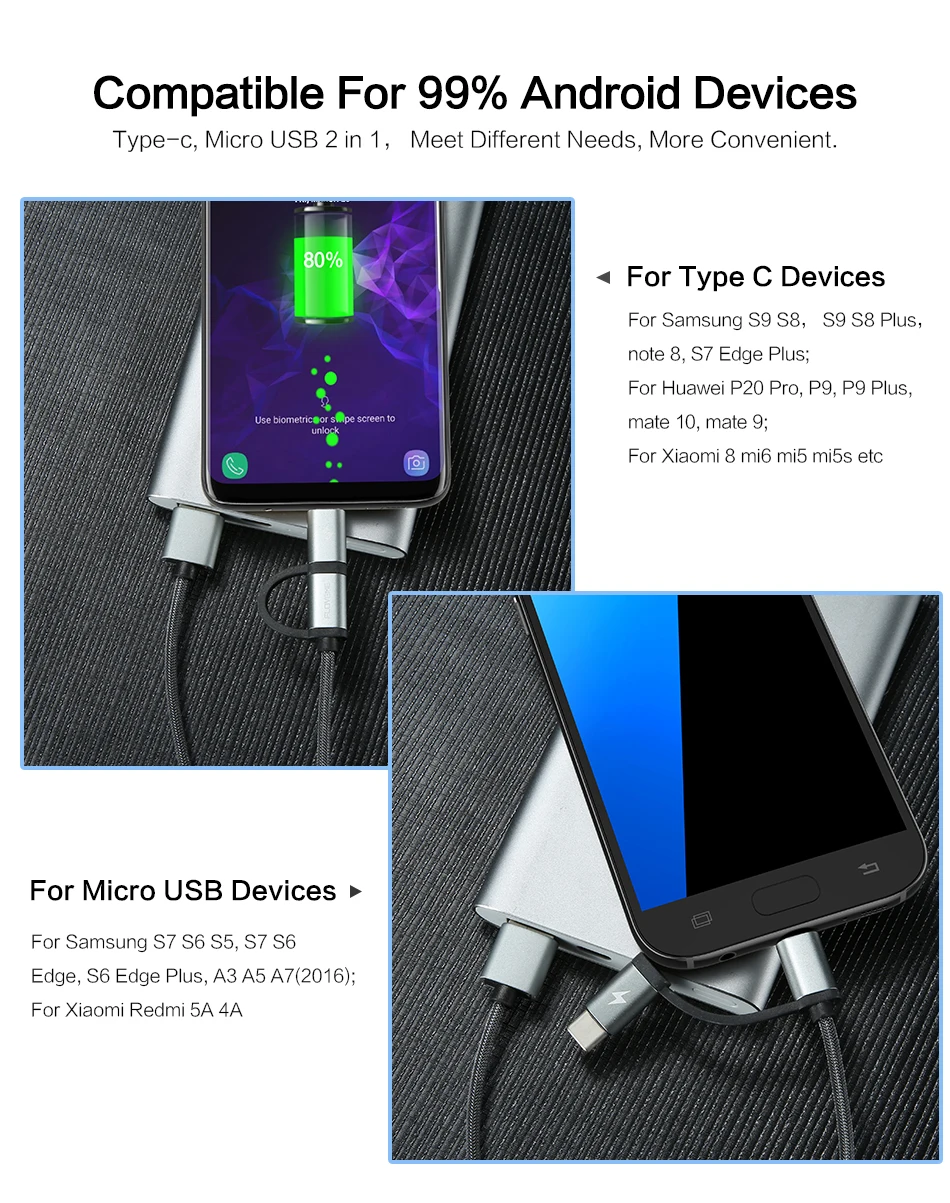 FLOVEME 2 in1 Micro USB Cable Fast Charger Charging USB Type C CableType-C Cable for Samsung Xiaomi Oneplus Huawei P9 QC3.0 2.8A