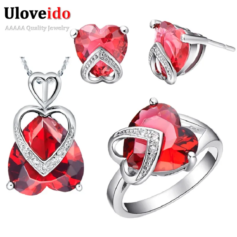 Uloveido Jewelry Sets Heart Ring Earrings Necklace Silver Plated Wedding Accessories Bridal Jewelry Set Red/Purple 2016 T086