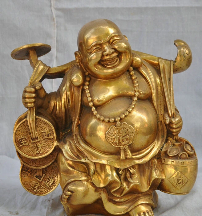 

10" Chinese Pure Brass Happy Laughing Maitreya Buddha Carry Treasure Statue