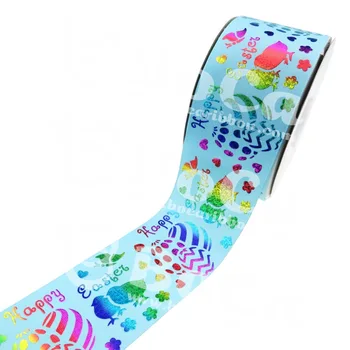 

Free shipping new products 100 yard 3"75mm Easter holiday series hologeam ribbon