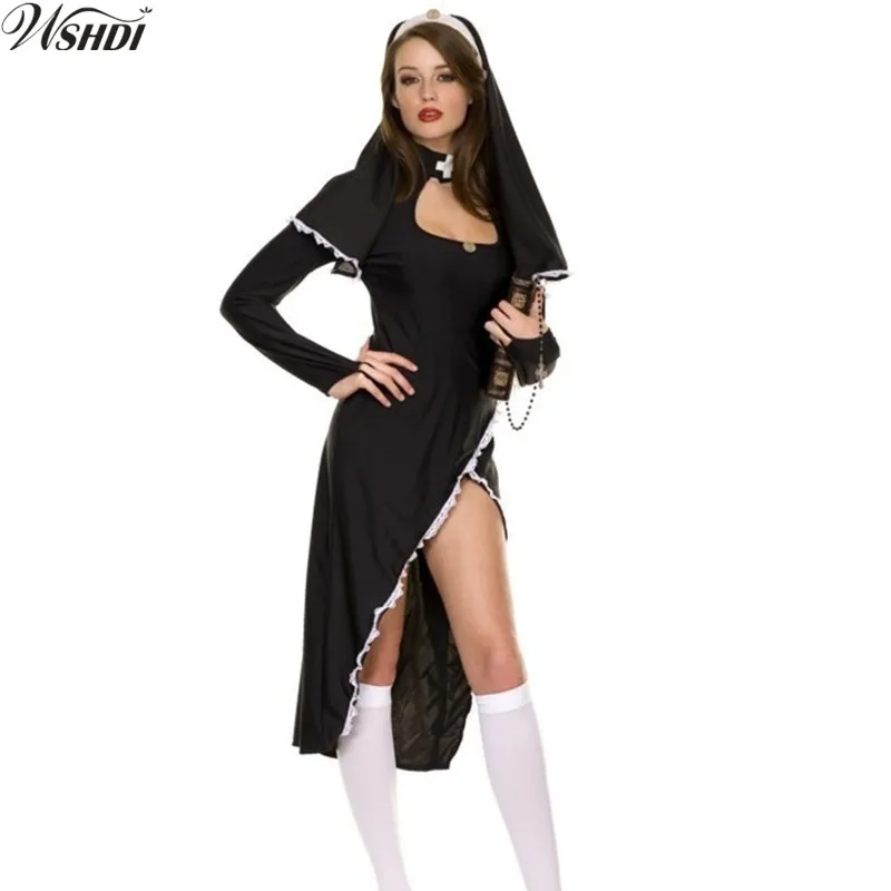 

Adult Female Fantasy Virgin Mary Costume Black Sexy Catholic Monk Cosplay Dress Halloween Costumes Nun Costume Arab Clothing