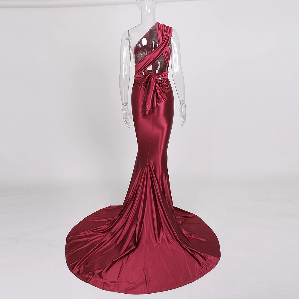 2018 Sexy un hombro sin tirantes vino rojo hasta el suelo vestido de fiesta Bodycon brillante satén apretado paquete caderas espalda descubierta vestido largo - 3