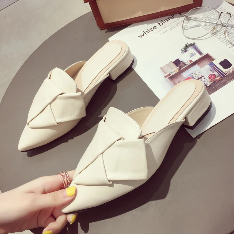 

european style thick heel slippers woman bow leather slides retro roman sandals lady butterfly-knot mules student flip flops