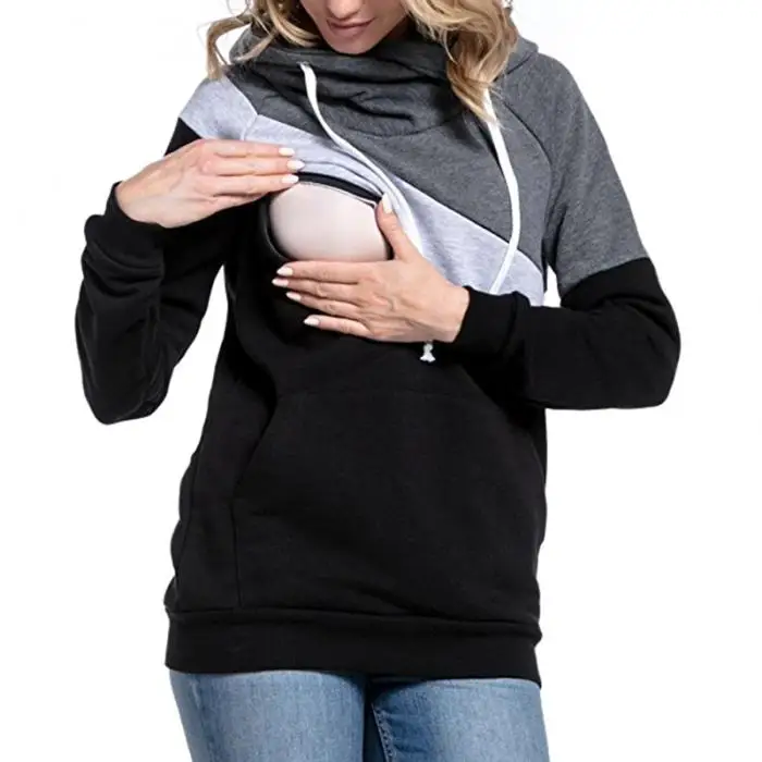 С длинным рукавом уход Толстовка для беременных верхняя одежда Colorblock(цветовой блок), с капюшоном, Толстовка для кормления грудью AN88