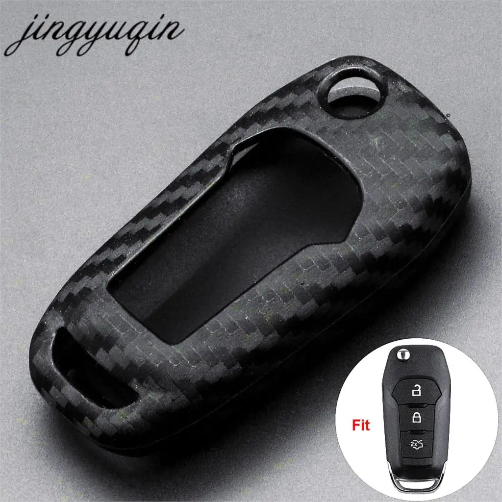 

jingyuqin Carbon Fiber Style Silicone Remote Key Case Fob For Ford Escort Titanium Mondeo Everest Explorer Kuga Ka Mustang