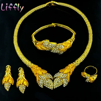 

Indian Bridal Jewelry Sets Classic Crystal Necklace Charm Women Wedding Bracelet Ring Leaf Shape Earrings Dubai Jewelry