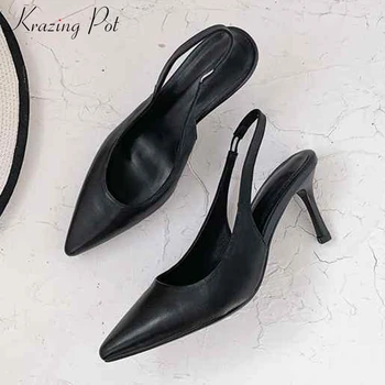 

Krazing Pot full grain leather stiletto high heels pointed toe British elastic band slingback custom dating convenient pumps L73