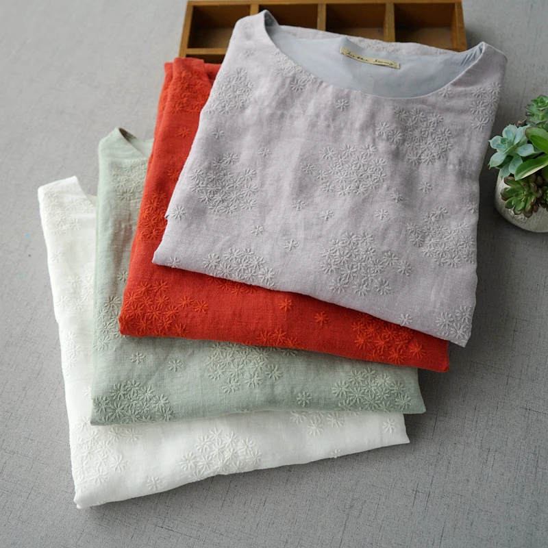 

Summer Women Loose Plus Size Japanese Style Mori Girls Exquisite Embroidery Comfortable Water Washed Linen Dresses 4 Colors