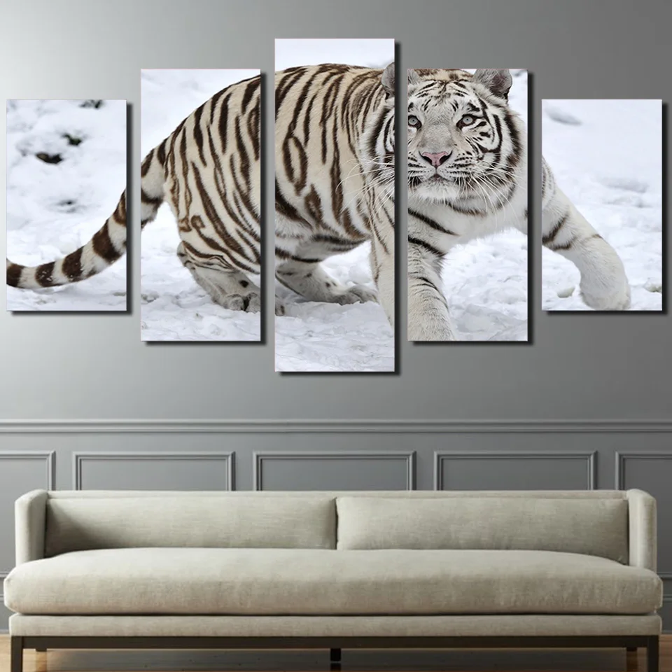 5 Piece Painting Calligraphy White Tiger Canvas Painting Prints Wall