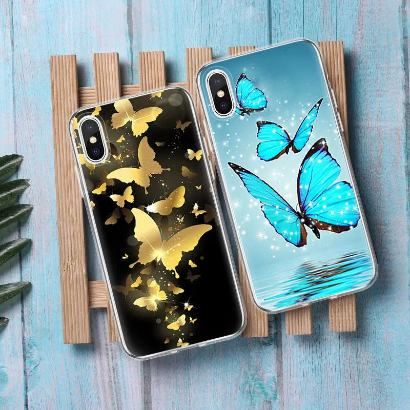 Gold Blue Butterfly Soft Phone Cases For iphone XR XS Max X 10 TPU Cover Phone Case For iphone X 6 7 8 Cover For iphone 7Plus