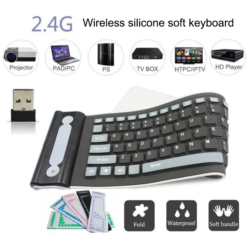 

Computer Keyboard Wireless 2.4G USB Soft Keyboard Waterproof Collapsible Silicone Keyboard Silent Notebook Desktop 107 keys F1