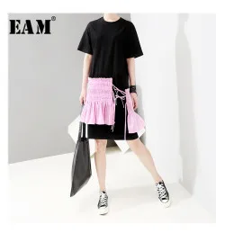 [EAM] Новинка весны, модные черные однотонные повседневные свободные штаны-шаровары с карманами и завязками, большие размеры, женские штаны-шаровары с высокой талией RA224