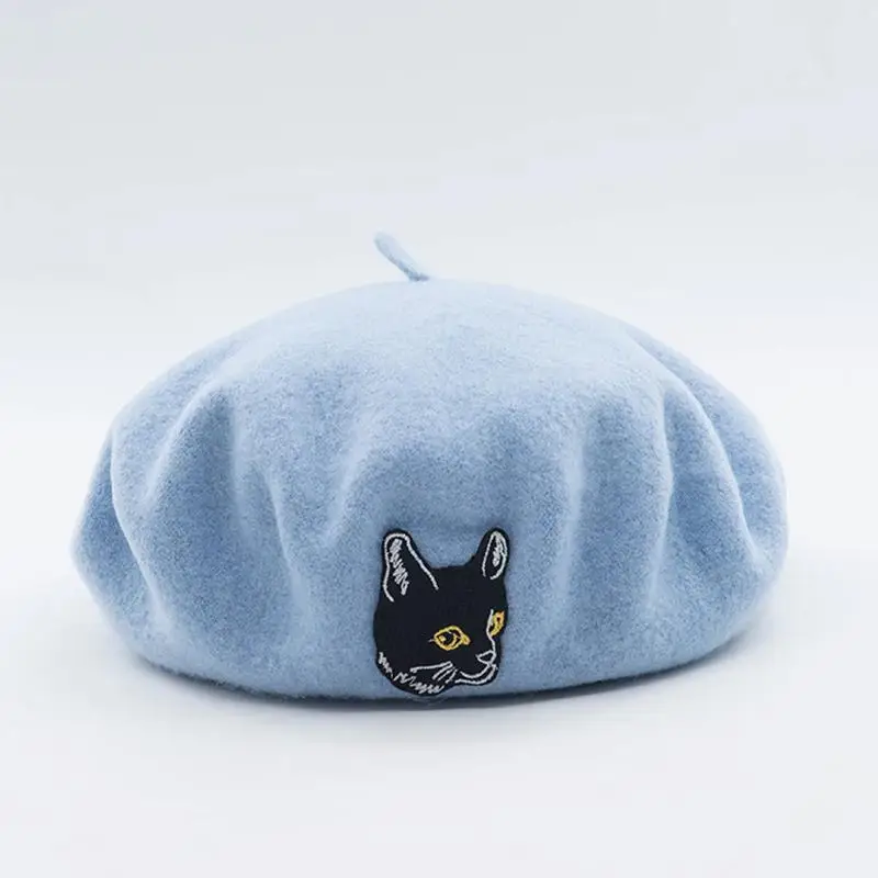 COKK шерстяные береты осень зима шапки для женщин художника кепки кошка узор Boina Feminina сплошной шерстяной берет женский теплый хорошее качество - Цвет: Синий