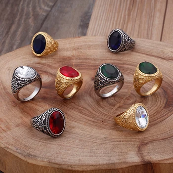 

Quality Rhinestone Ring for Men Vintage Stainless Steel Wedding Ring Blue Red Green Clear Big Stone Ring Party Titanium Jewelry