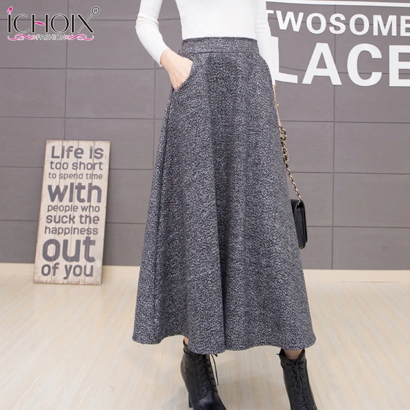 2017 Otoño Invierno Mujeres de Lana Faldas Tallas grandes Una Línea de Lana largo de La Falda Falda Plisada Saias Faldas Mujer de Cintura Alta Maxi|high waist maxi|wool long skirtlong skirt -