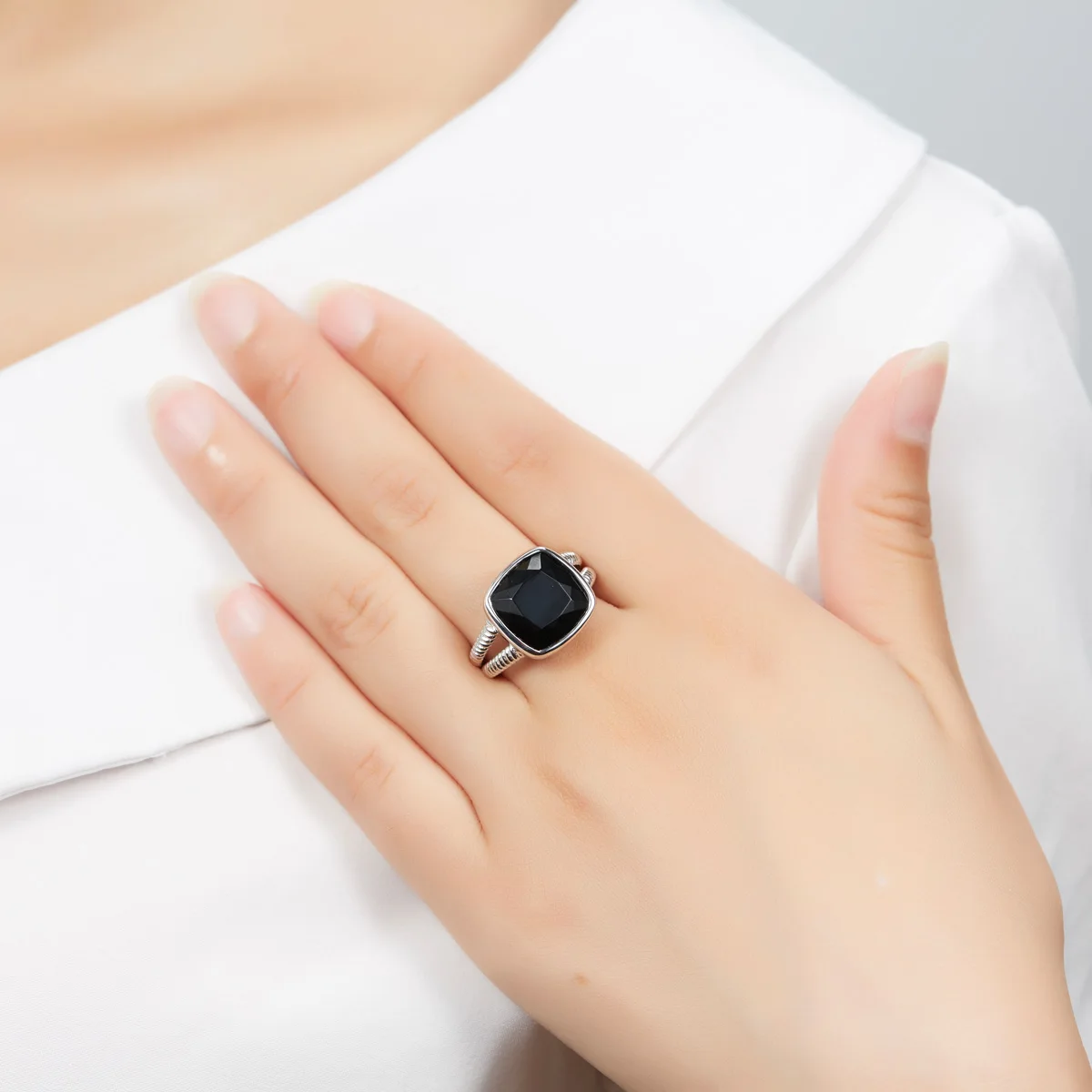 

Hutang Cushion 12mm Natural Black Onyx Ring Solid 925 Sterling Silver Gemstone Fine Jewelry Twins Band Rings for Women 2017