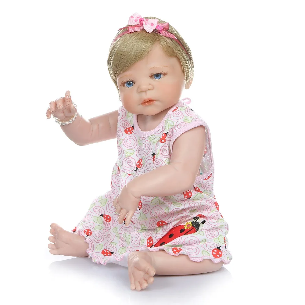 NPK 56 см кукла bebe reborn baby girl волосы блонд новорожденный силикон для всего тела