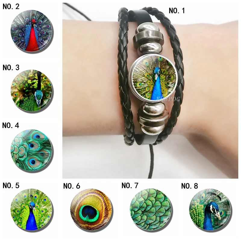 

Beautiful Green Peafowl and Peacock Feathers Black Bracelets ,DIY Glass Cabochon Multi-layered Bracelets Women Fashion Jewelry