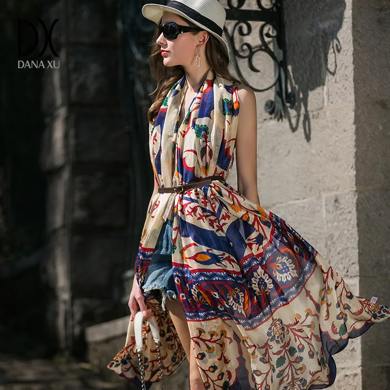 Baratos Bufanda larga de seda 2019 marca de lujo para mujer nuevo diseño de manta de playa chal ropa de baño Bandana Hijab cara escudo Foulard 245*110cm