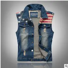 M/5Xl мужской джинсовый жилет пальто без рукавов повседневные тонкие Лоскутные Жилеты с принтом флагов для отдыха большие размеры однобортный J1298