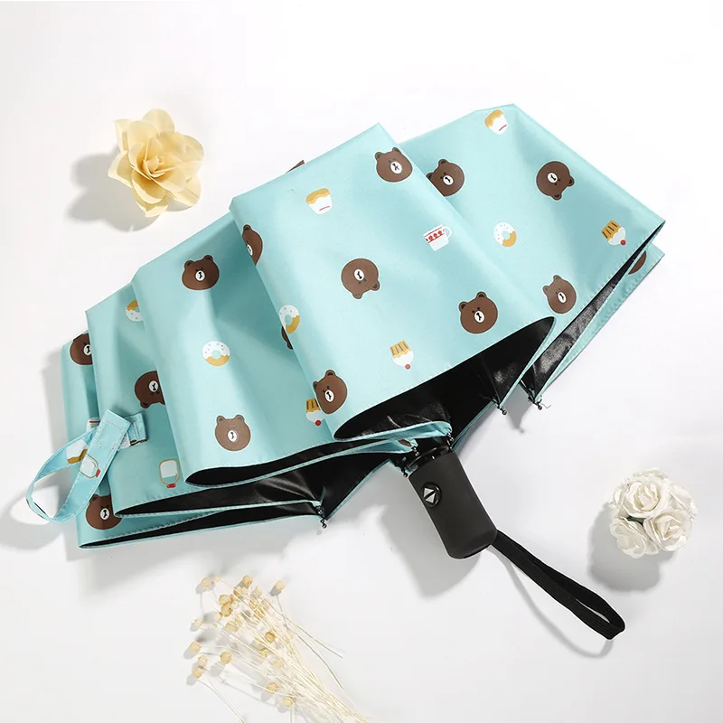 Южнокорейская свежий Цвет складной Для женщин зонтик черное покрытие женский