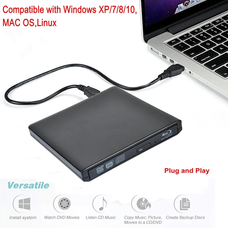 Черный тонкий внешний привод USB 3 0 BD Blu Ray DVD +/-RW +/-DL CD записывающее устройство для
