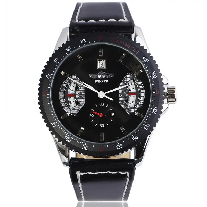 Брендовые Часы WINNER, мужские деловые Автоматические наручные часы с кожаным ремешком, модные механические часы с календарем и автоматической датой - Цвет: Черный