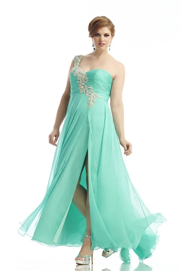 Long Chiffon Big Size Women Evening Gown Beading One Shoulder Side