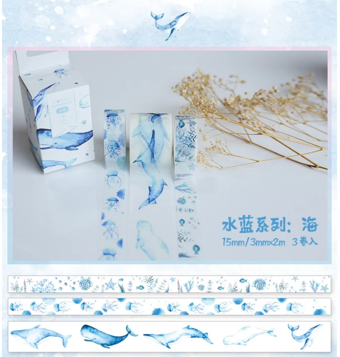 

3 pcs/pack Water Blue Decorative Washi Tape Set DIY Scrapbooking Masking Tape School Office Supply Escolar Papelaria