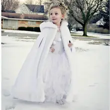 Длинный мыс для детей с капюшоном Свадебная накидка из искусственного меха зимняя куртка детская верхняя одежда пальто белого цвета и цвета слоновой кости