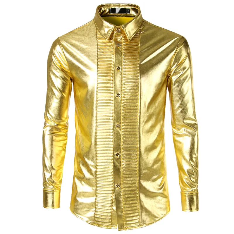 Brand Men Shirt 2018 Shiny Gold Coated Metallic Mens Shirts Casual ...