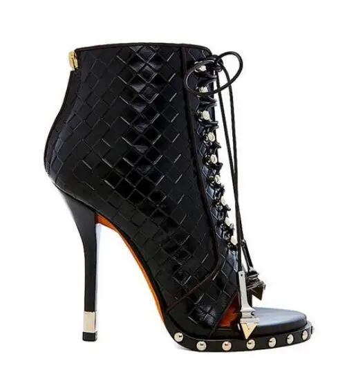 

2017 Spring Real Photo Newest Design Black White Embossed Leather Open Toe Studded Ankle Boots Lace-up Gladiator Women Boots