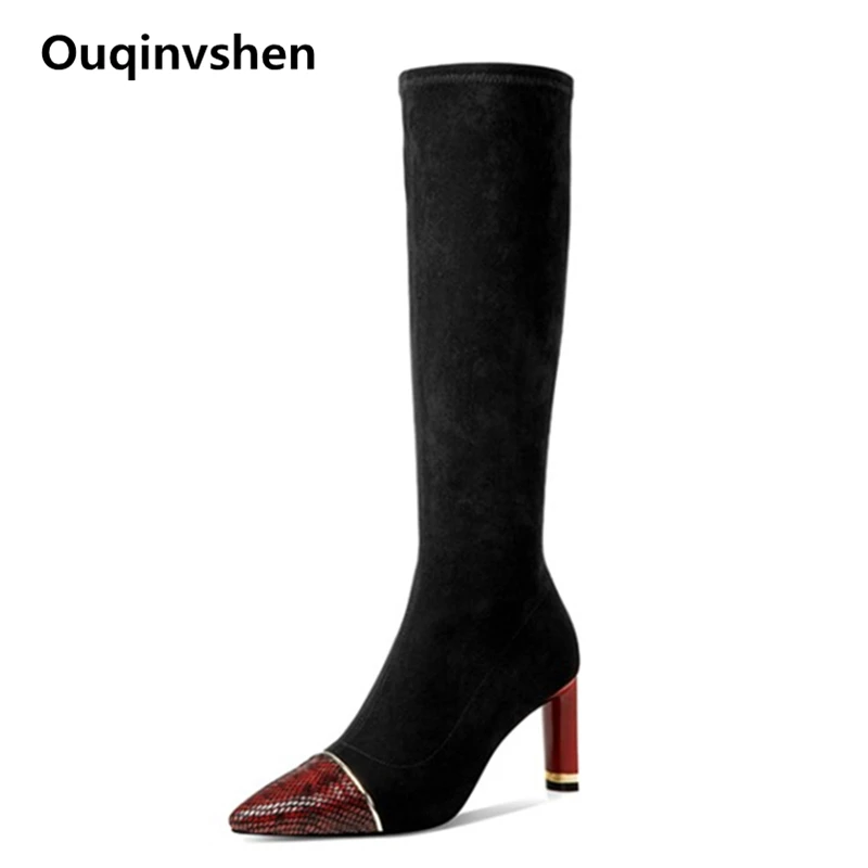 

Ouqinvshen Pointed Toe Snake Print Boots Plus Size Black Thick Heels Zipper Sexy Fashion High Knee Boots Mixed Colors Boots Heel