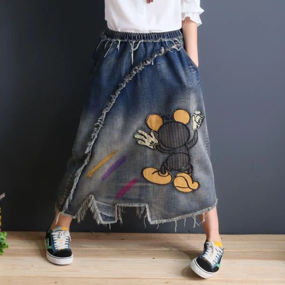 Для женщин джинсовая юбка для дам длинные вышивка мультфильм мышь милые элегантные модные повседневное 19009