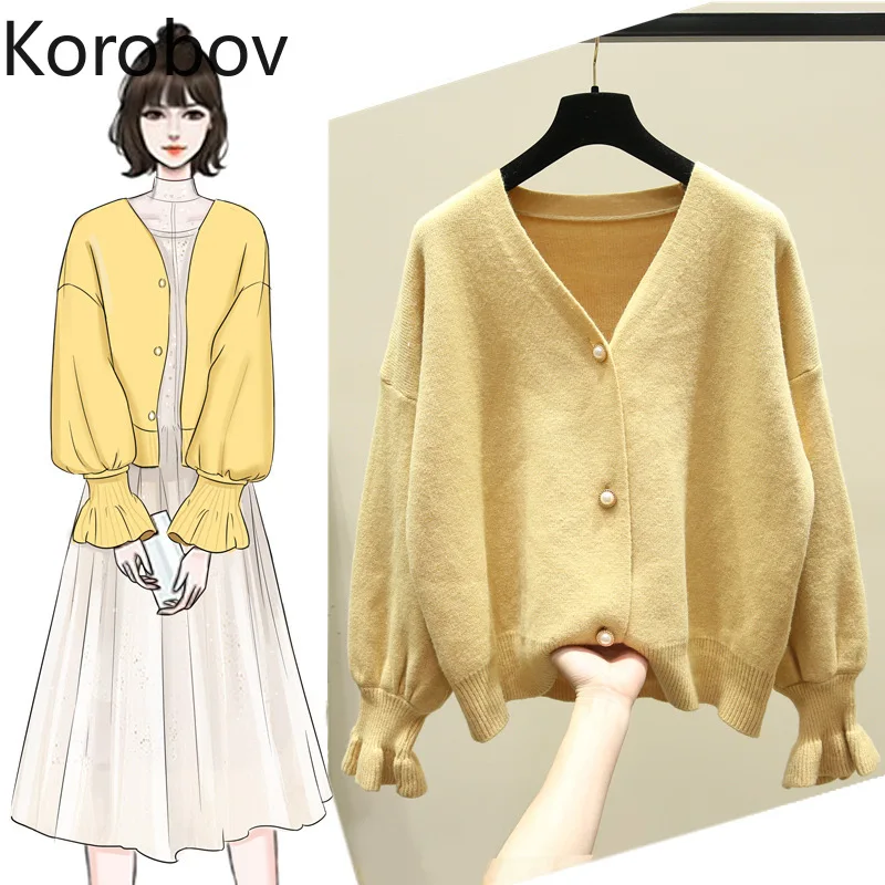 Korobov Knit Sweater Women Flare Long Sleeve Korean Sweaters Cardigans Solid Outwear V Neck Autumn Winter Sueter Mujer 78679 |