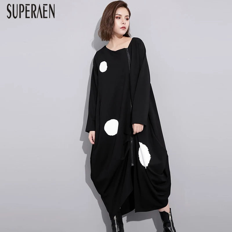 

SuperAen Pluz Size Women's Dress New Loose Autumn 2019 New Zipper Ladies Dress Irregular Long Sleeve Casual Women Clothing