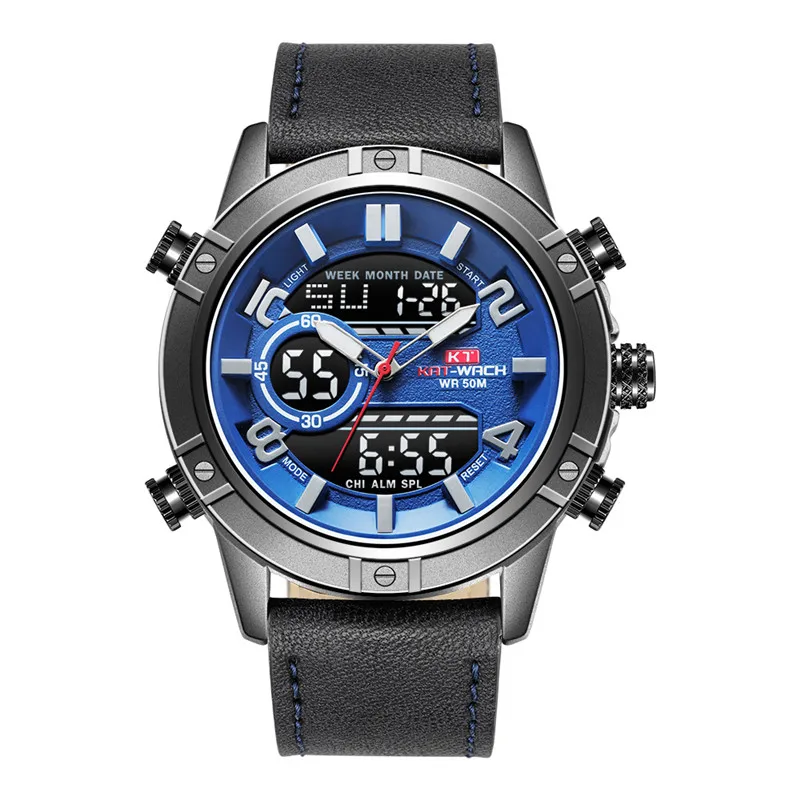Мужские кожаные спортивные Военная аналоговые часы Dual Time Водонепроницаемый кварцевые наручные часы мужской часы Relogio Masculino Мода синий лицо - Цвет: Синий