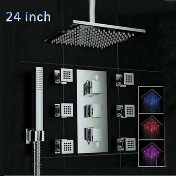 Uythner потолочное крепление, 3 цвета, меняющий светодиодный квадратный дождевой насадка для душа, термостатический клапан, смеситель W/массажные струи, душевой опрыскиватель - Цвет: 24 inch