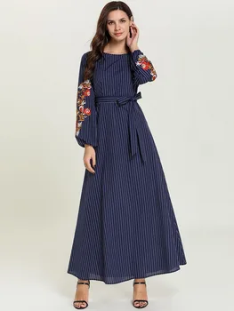 

Vestidos mujer 2019 Spring Autumn Women Dress O Neck Long Sleeve Striped Plus Size 4XL robe longue Embroidery Flower Dress
