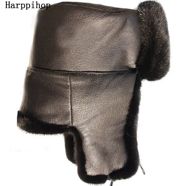 Autumn and winter quinquagenarian male quality black mink hair ear hat bomber trapper hat