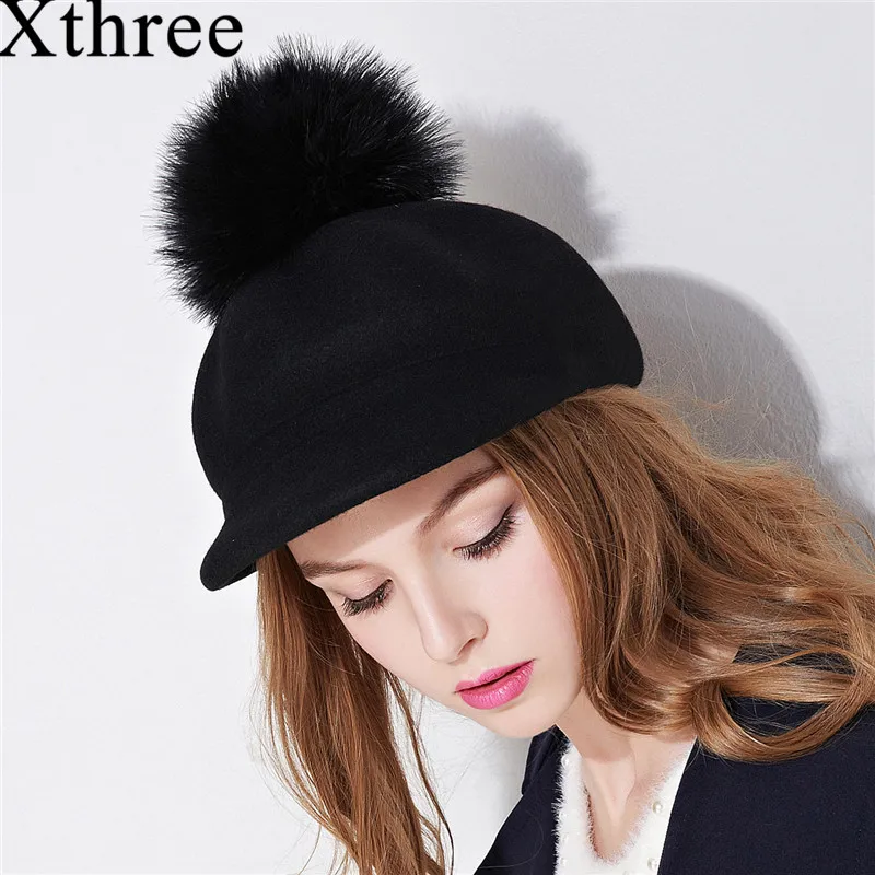 Xthree Женская шерстяная восьмиугольная шапка, зимняя шапка с козырьком, модная шапка с мехом страуса, помпон