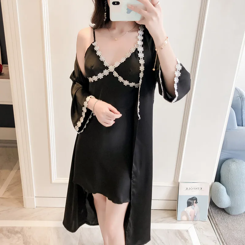 

Two pieces female flower nightgowns Sets with cushion Silk Satin Leisure long sleeves Sleepwear Pyjamas Homewear set