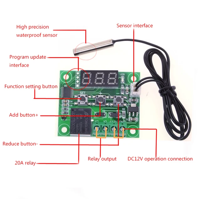 W1209 светодио дный цифровой термостат Контроль температуры термометр Thermo Управление; модуль коммутатора DC 12 В Водонепроницаемый NTC Сенсор