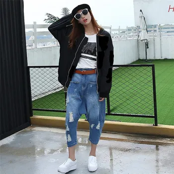 

Fashion 2018 Autumn New Women Loose Denim Pants Streetwear Baggy Hole With Crotch Pants Pockets Fashion Harem Jeans Trousers