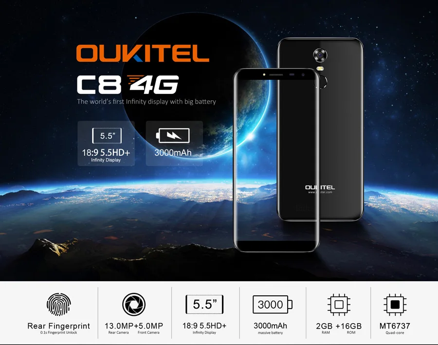 Oukitel C8 4G LTE мобильный телефон 5," HD 18:9 дисплей Бесконечность Android 7,0 2 Гб ОЗУ 16 Гб ПЗУ MTK6737 четырехъядерный отпечаток пальца 13 МП